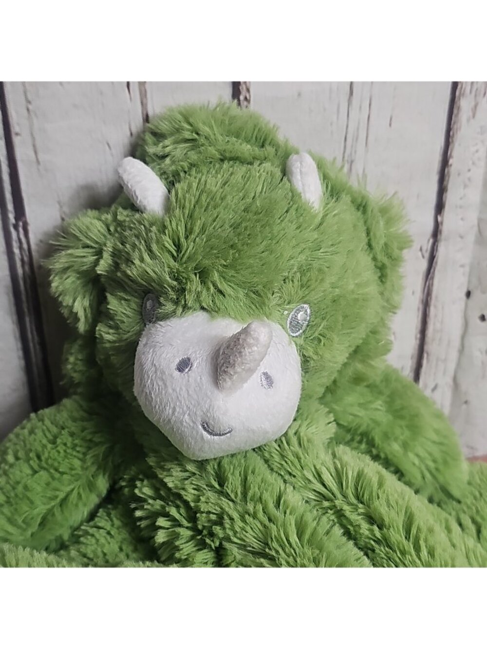 Oobles Green Fuzzy Dino Dinosaur Triceratops Plush Lovey Security Blanket Rattle
